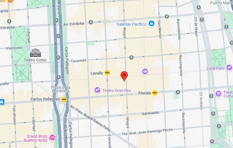 Ubicación del estudio Sodhana Yoga en el Microcentro de Buenos Aires, cerca del Teatro Gran Rex, la calle Florida y Galerías Pacífico.