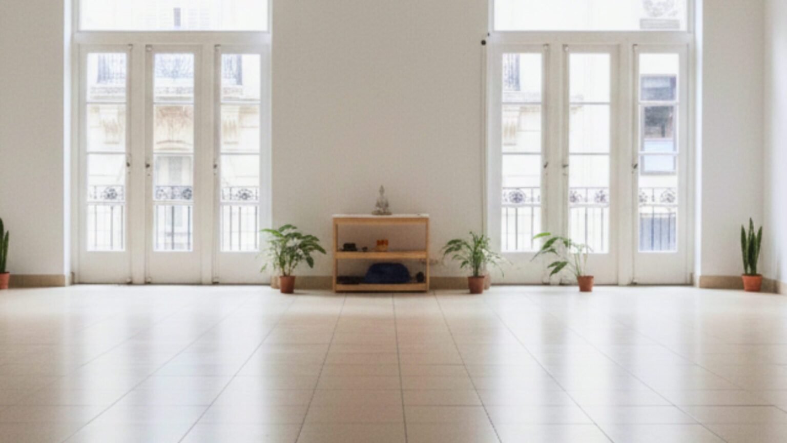 Vista panorámica del estudio de Yoga, con amplios techos y ventanales e iluminación natural.