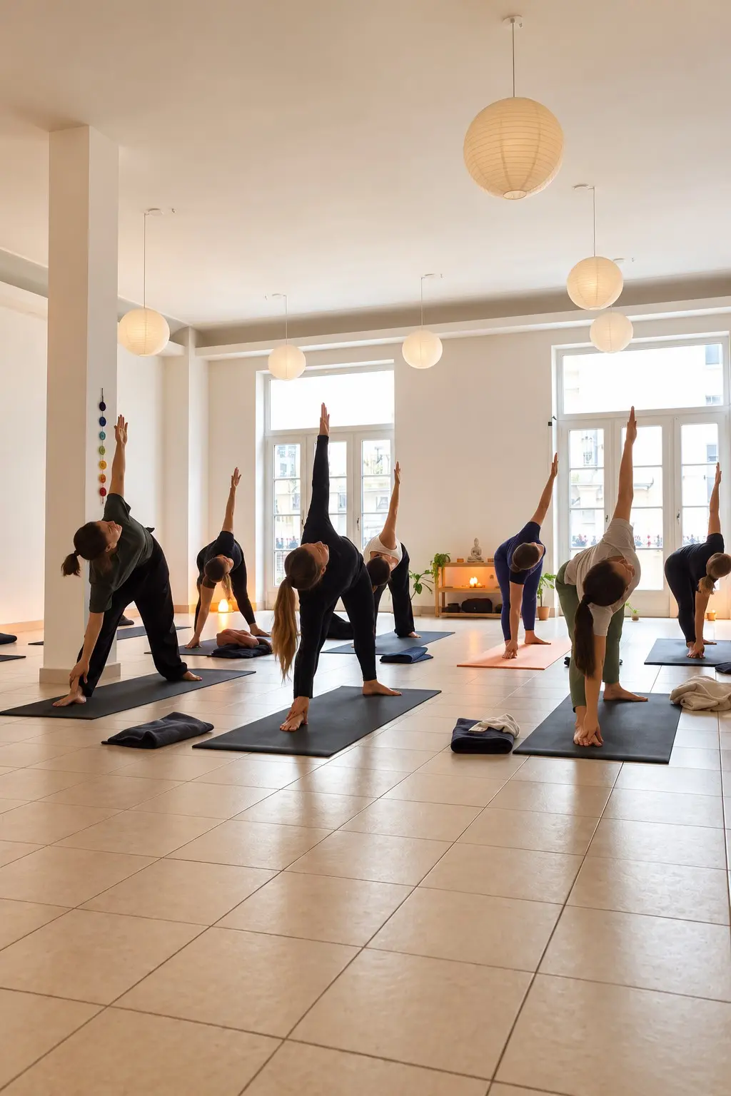 Grupo practicando posturas de yoga en una sala luminosa