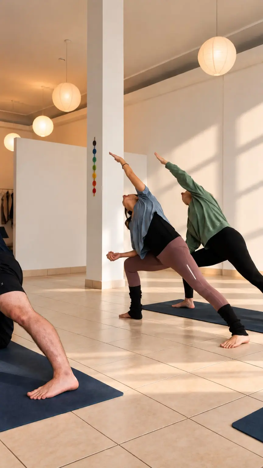 Clase de Vinyasa con alumnas en una postura de pie con brazos extendidos